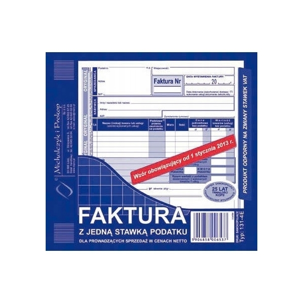 131-4E Faktura z jedną stawką podatku sprzedaż w netto 2/3A5 Michalczyk i Prokop
