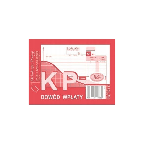 401-5 KP Dowód Wpłaty A6 80 kartek MICHALCZYK I PROKOP (kasa przyjmie)