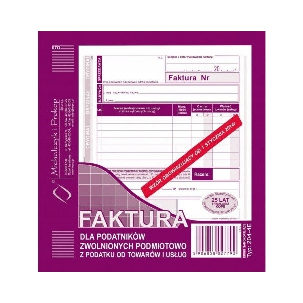204-4E Faktura dla zw.podm.z pod.2/3 A5 Michalczyk i Prokop