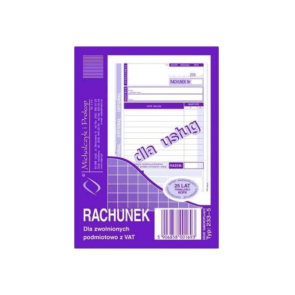 233-5 Rachunek A6 dla zwolnionych podmiotowo z VAT(usługa) Michalczyk i Prokop
