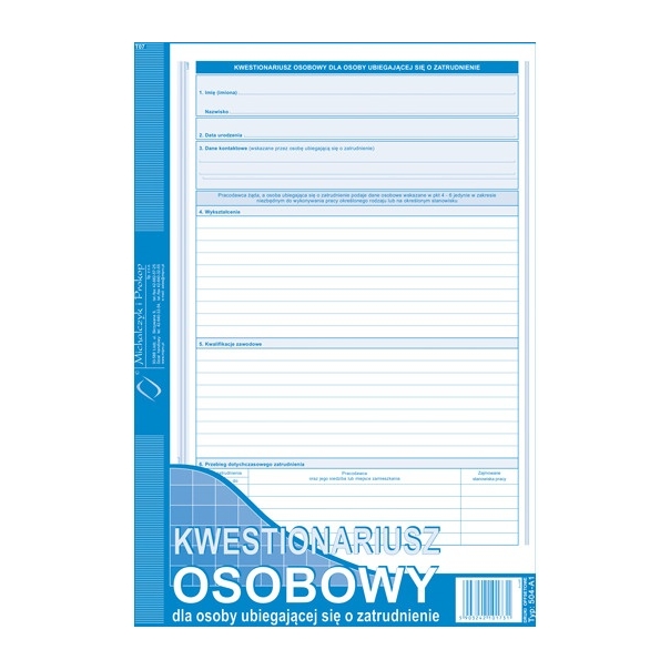 504-A1 Kwestionariusz dla os.ubiegającej się o zatrudnienie A4 offset MiP