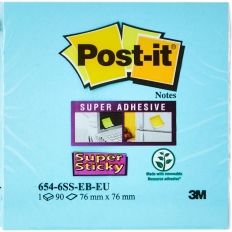 Karteczki samoprzylepne POST-IT® Super Sticky (654-6SS-EB), 76x76mm, 1x90 kartek, niebieskie