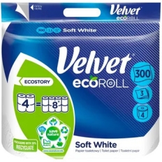 Papier toaletowy VELVET Delikatnie Biały, Ecoroll, 3-warstwowy, 300 listków, 4szt., biały